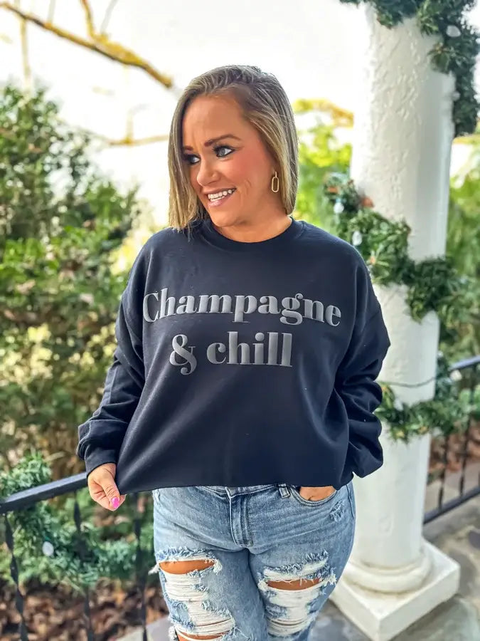 Champagne and Chill Black Puff Sweatshirt