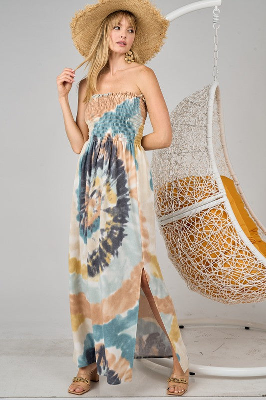 Tie Dye Beachy Strapless Cotton Maxi Dress