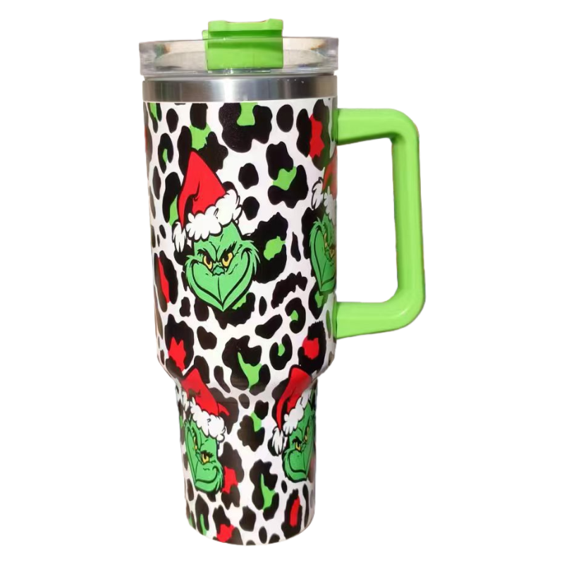 Christmas 2025 Grinch 40oz Insulated Tumbler with Handle and Straw Car Travel Mug, Hot & Cold Stainless Steel Cup