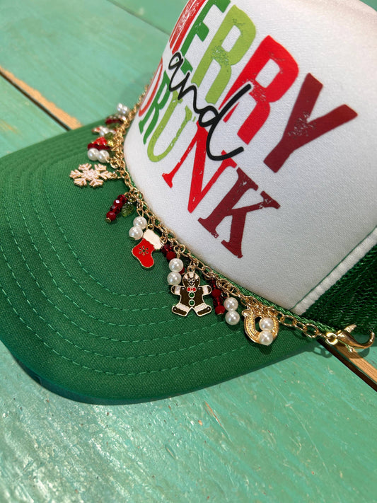 Perfect for celebrating the season! Merry and Drunk Christmas Trucker Hat includes Christmas Chain