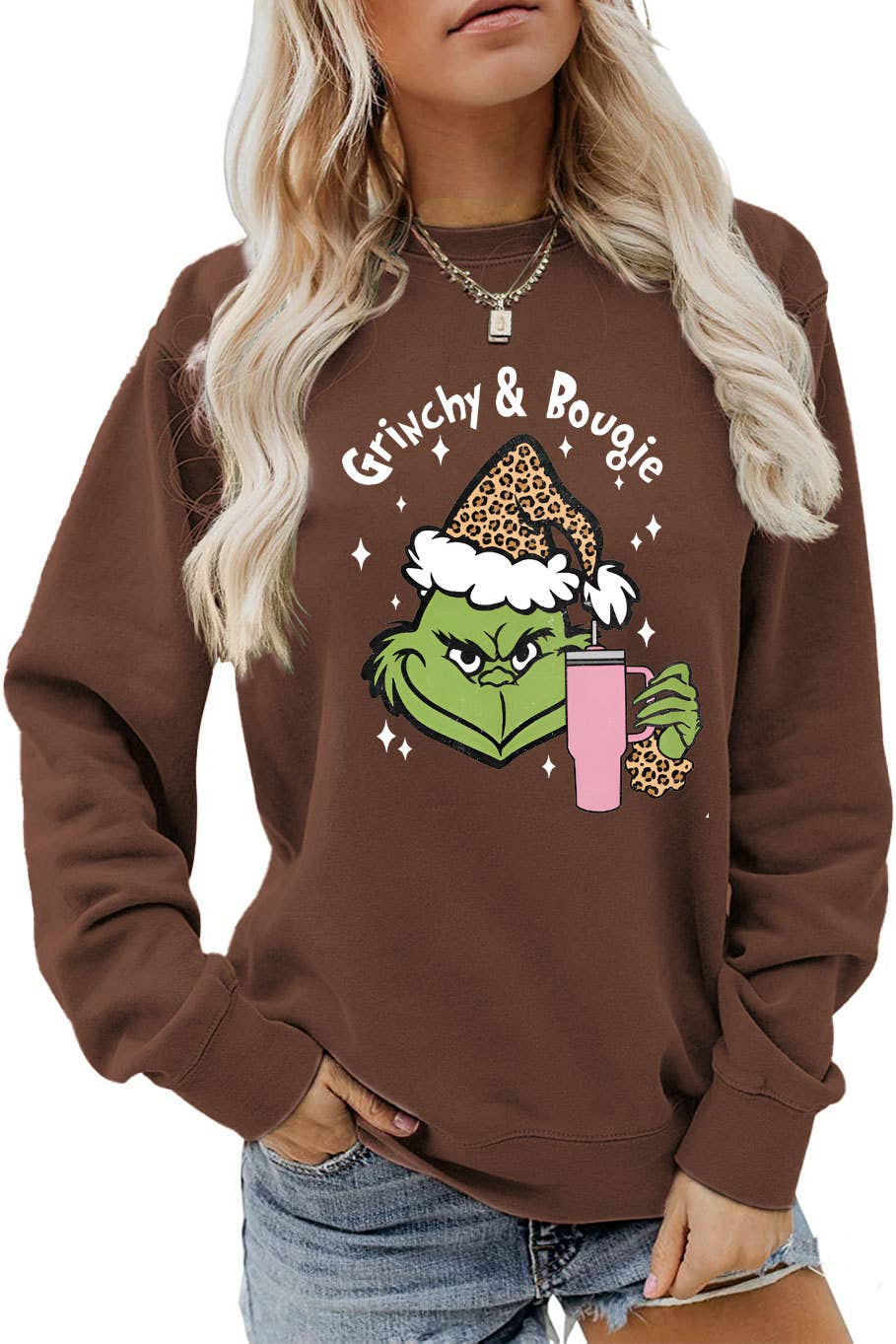Fun and Cute Holiday Grinch & Bougie Graphic Christmas Sweatshirt