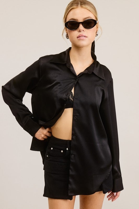 Satin button down long sleeve blouse