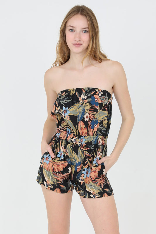 STRAPLESS TROPICAL PRINT ROMPER WITH POCKETS
