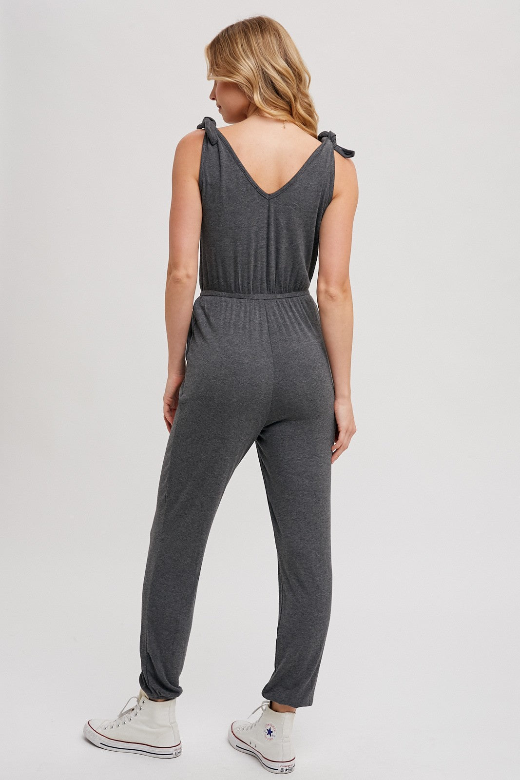 Knit V-neck Tie Strap Jumpsuit