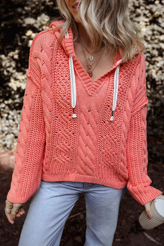 Coral Knit Drawstring Hooded Sweater