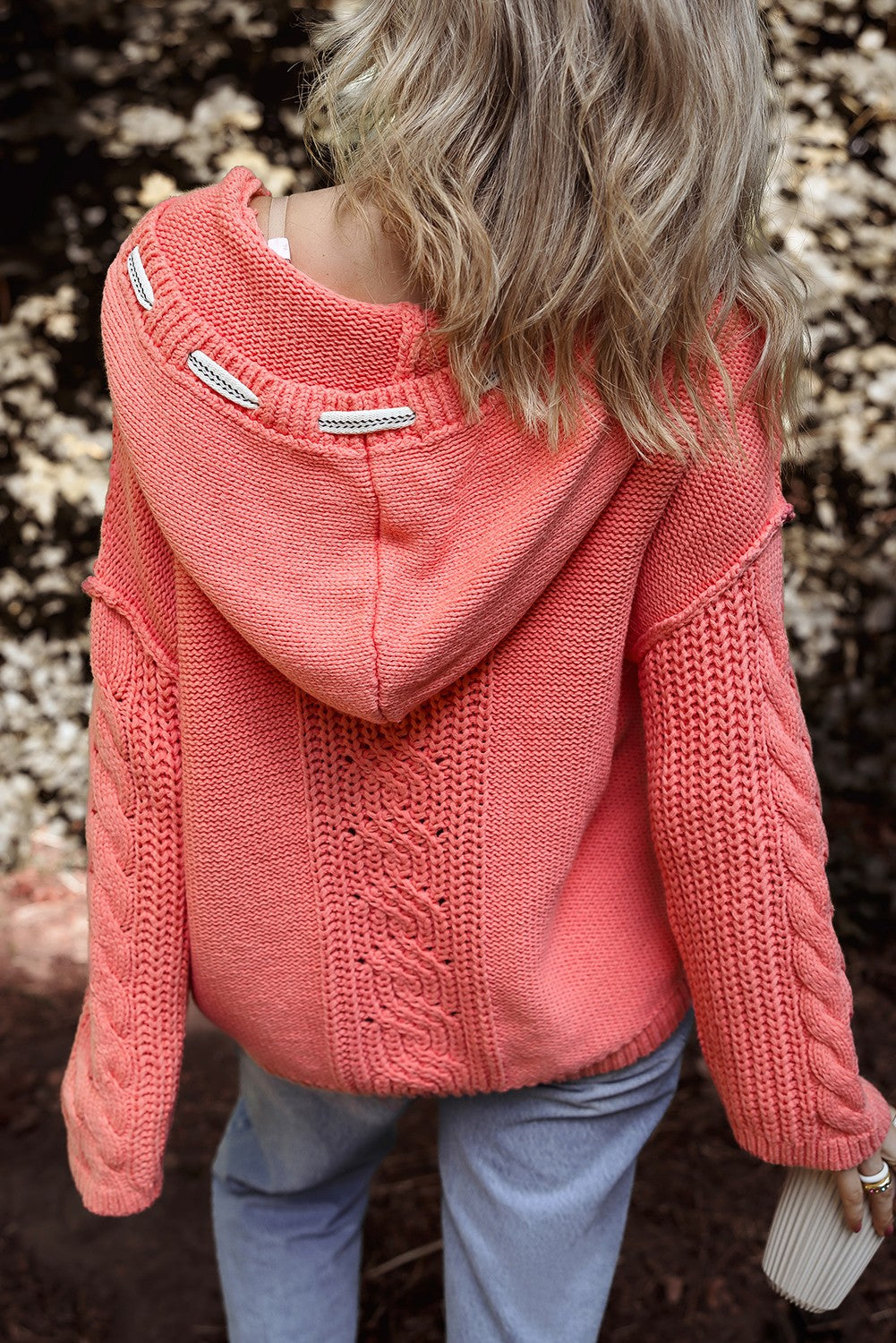Coral Knit Drawstring Hooded Sweater