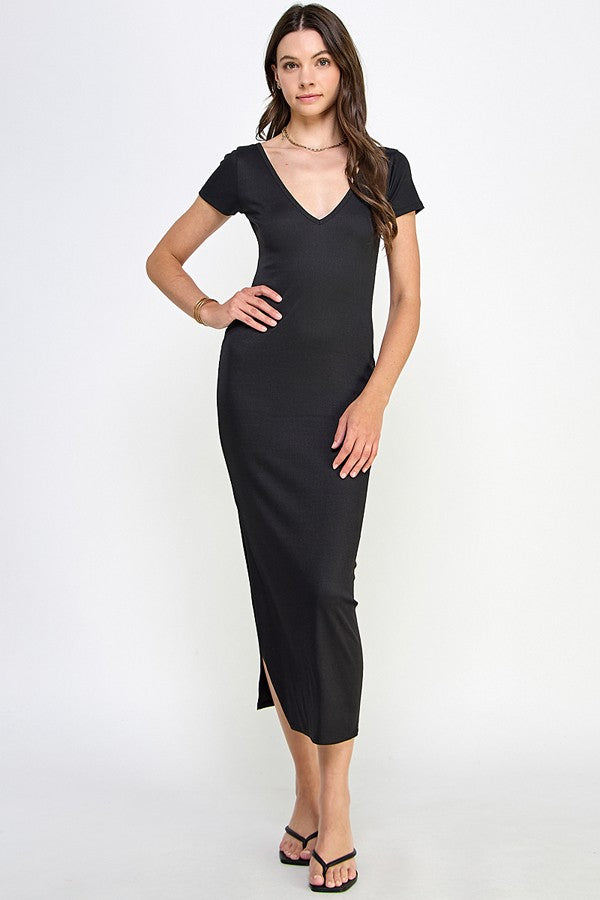 Double V-Neck Ribbed Maxi Dress