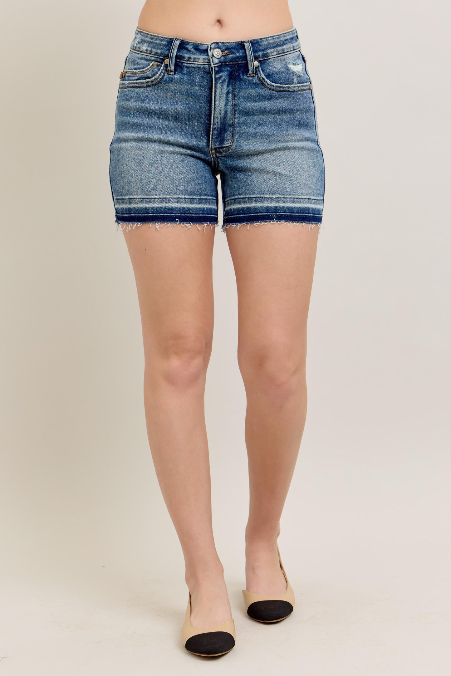 Judy Blue Mid Rise Tummy Control Vintage Wash Release Hem Shorts