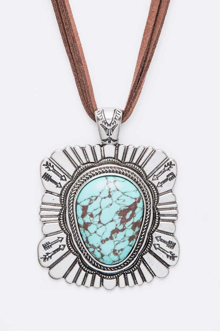 Large Stone Pendant Long Suede Necklace