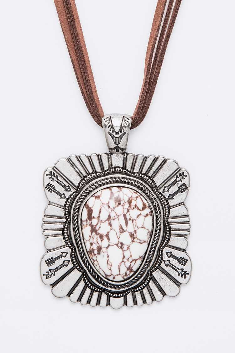 Large Stone Pendant Long Suede Necklace