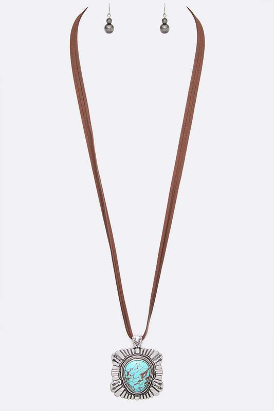 Large Stone Pendant Long Suede Necklace