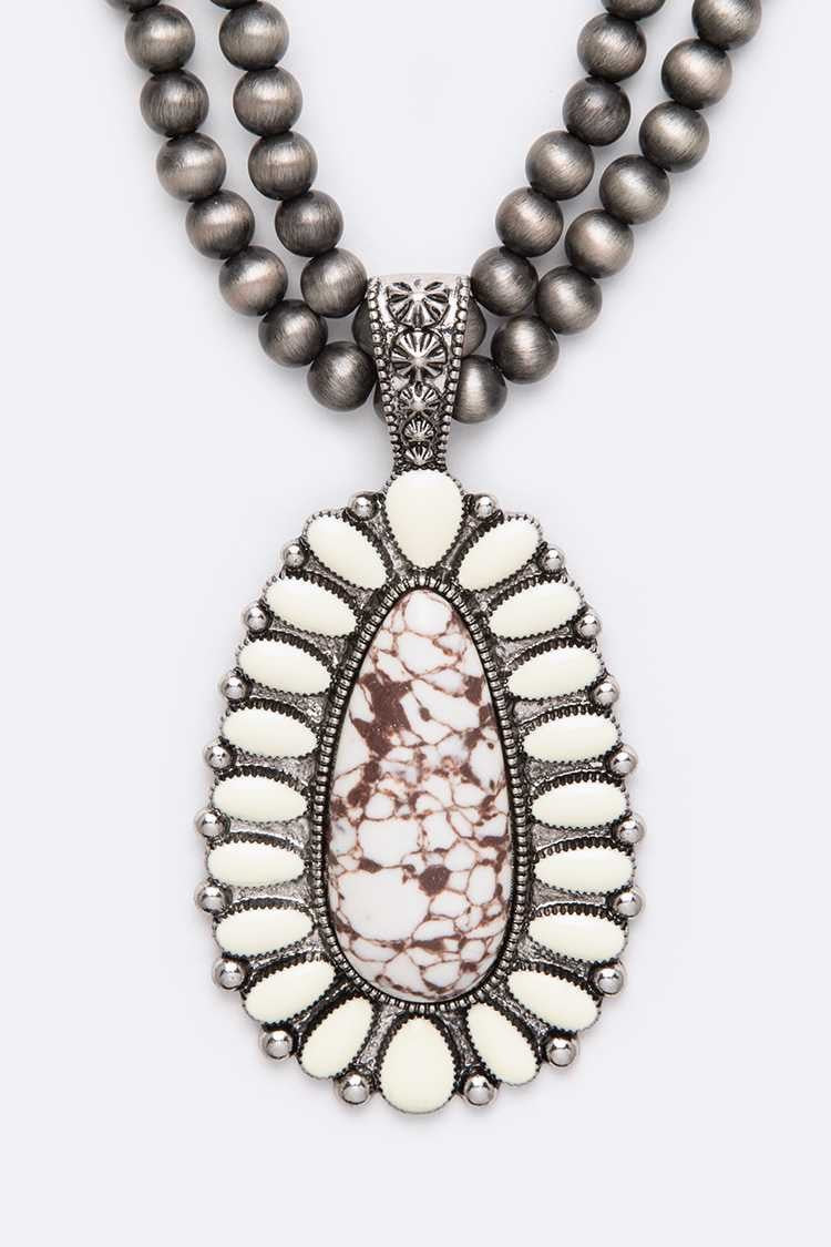 Large Oval Stone Pendant Navajo Beaded Long Necklace