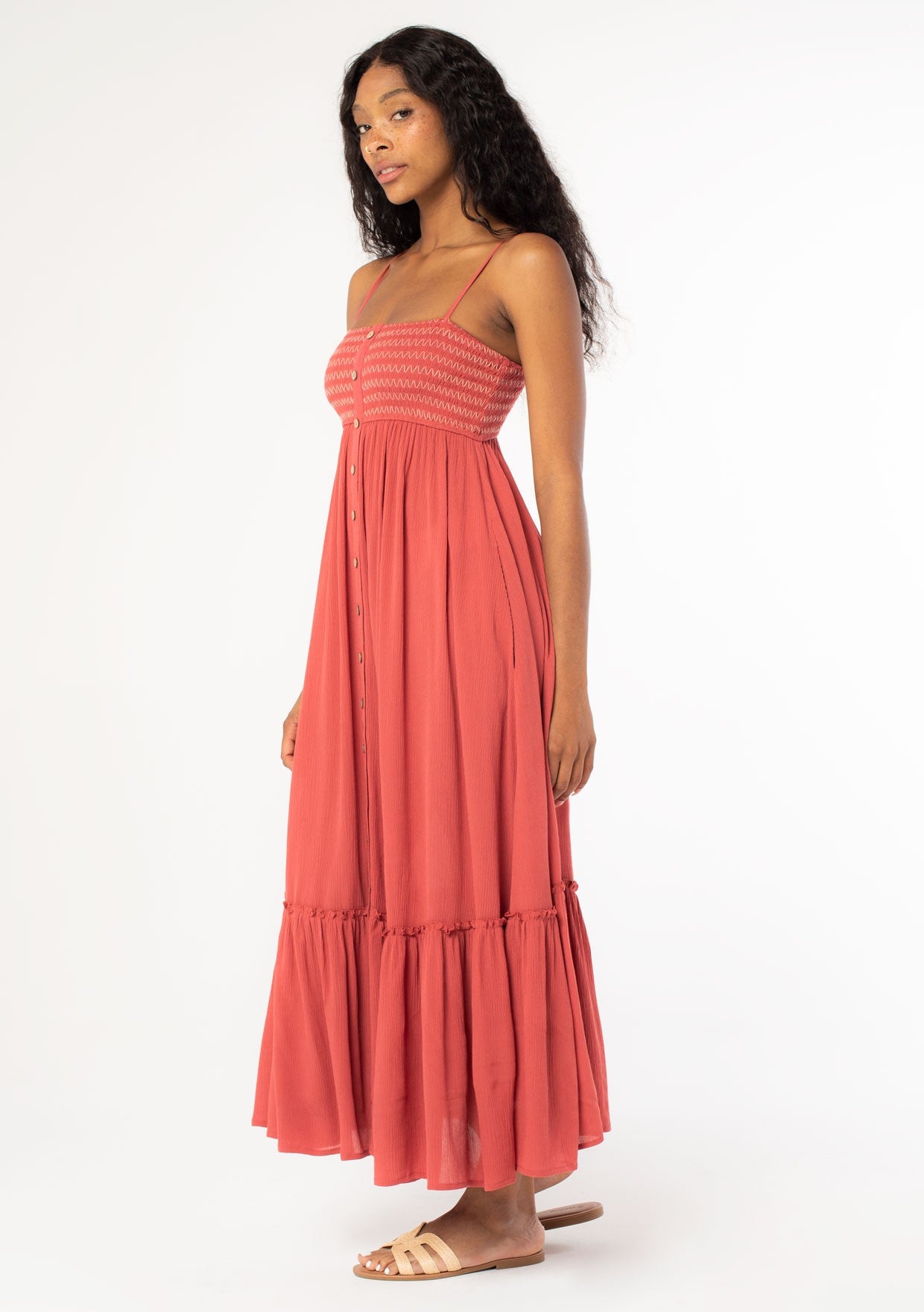 Bohemian Smocked Button Front Maxi Dress