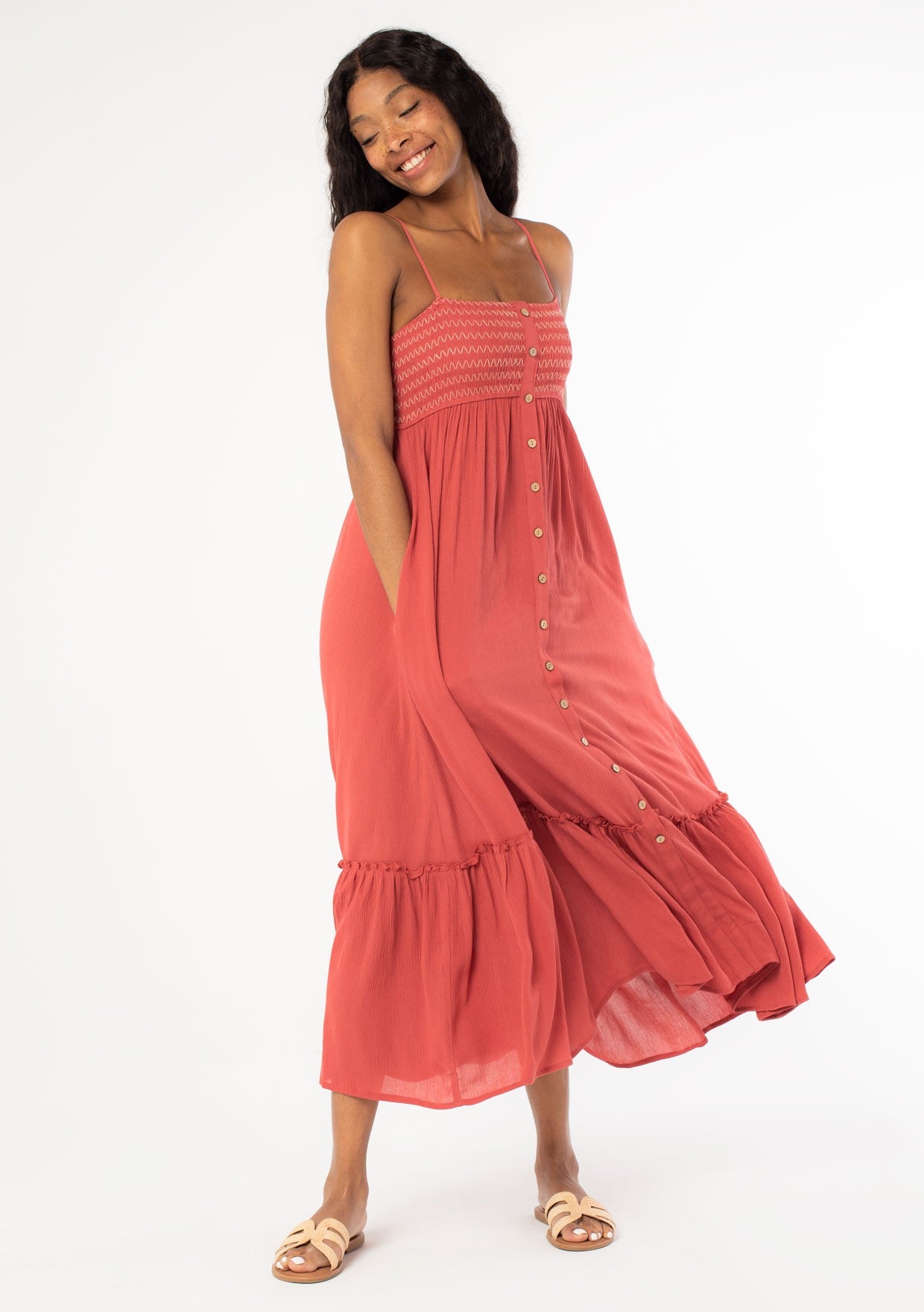 Bohemian Smocked Button Front Maxi Dress