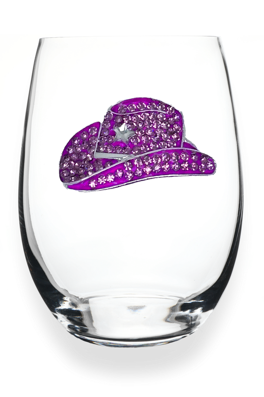 Pink Cowboy Hat Jeweled Stemless Wine Glass