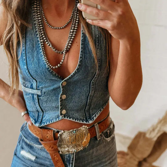 Hottie Sleeveless V-Neck Denim Tank Top Vest