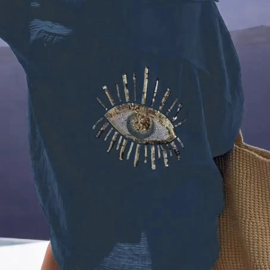 Summer Linen Long-Sleeved Button down Eye Sequin Detail Shirt