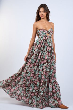 Brown Floral Flowy Strapless Maxi Dress