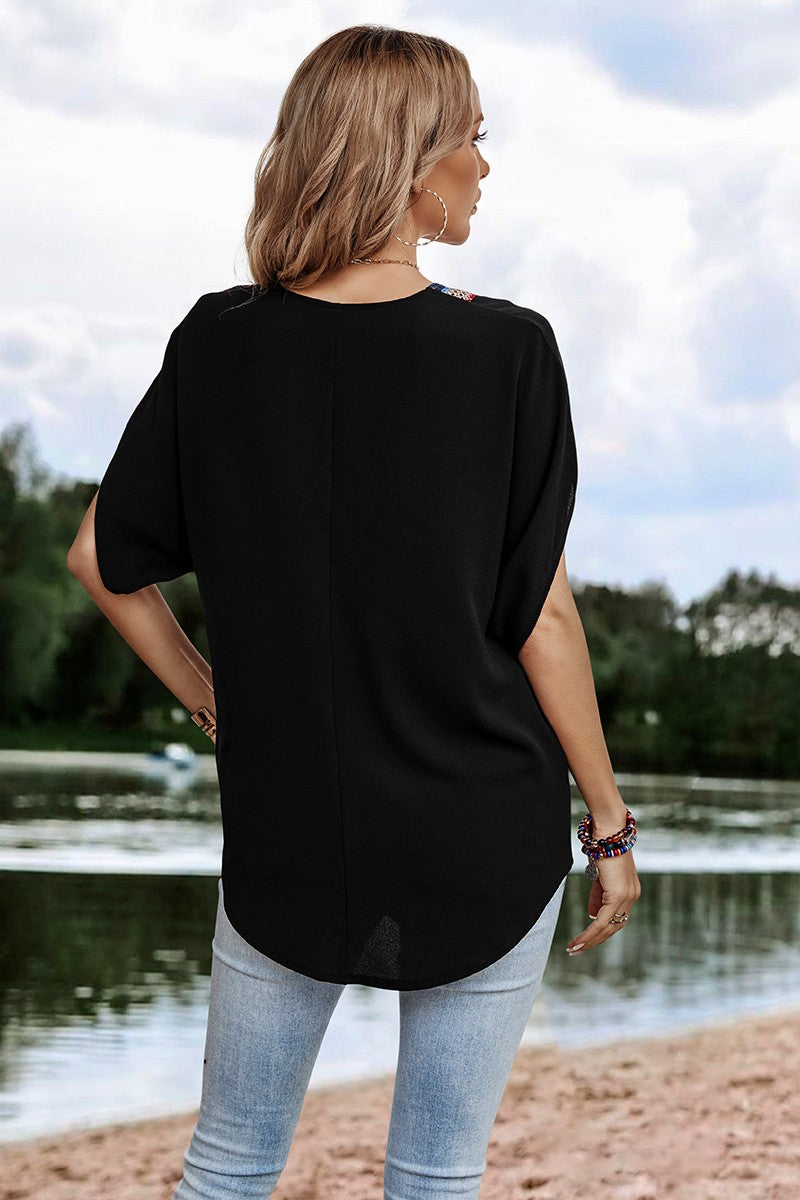 Contrast V Neck Neckline Batwing Sleeve Loose Fit Blouse