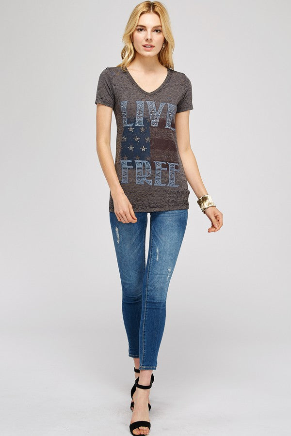 Burnout washed Dark Charcoal V-neck Tee shirt with "LIVE FREE" American Flag Embellished Graphic design 50% Polyester 50% Cotton Made in USA