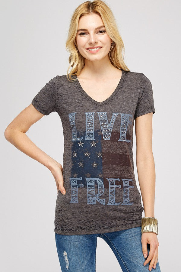 Burnout washed Dark Charcoal V-neck Tee shirt with "LIVE FREE" American Flag Embellished Graphic design 50% Polyester 50% Cotton Made in USA