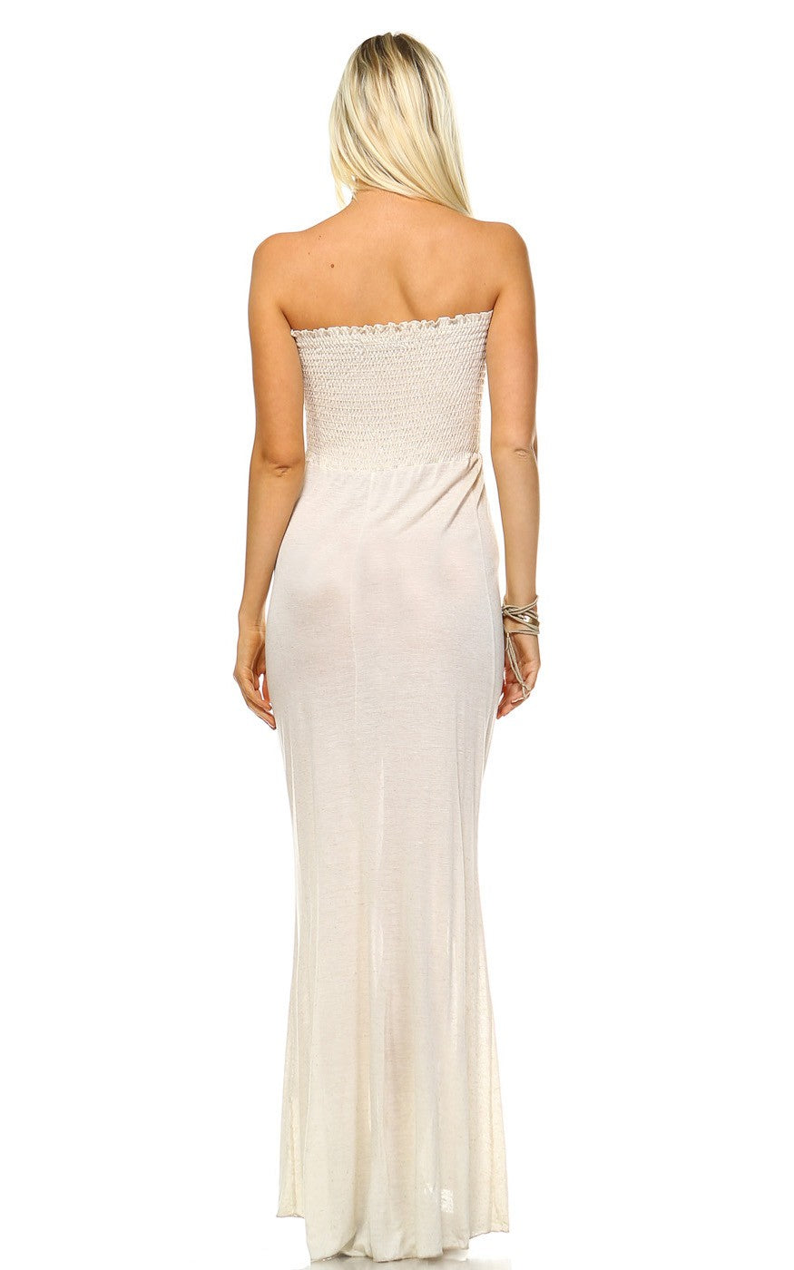 Oatmeal Strapless with Smocking detail Slub Fabric Maxi Dress