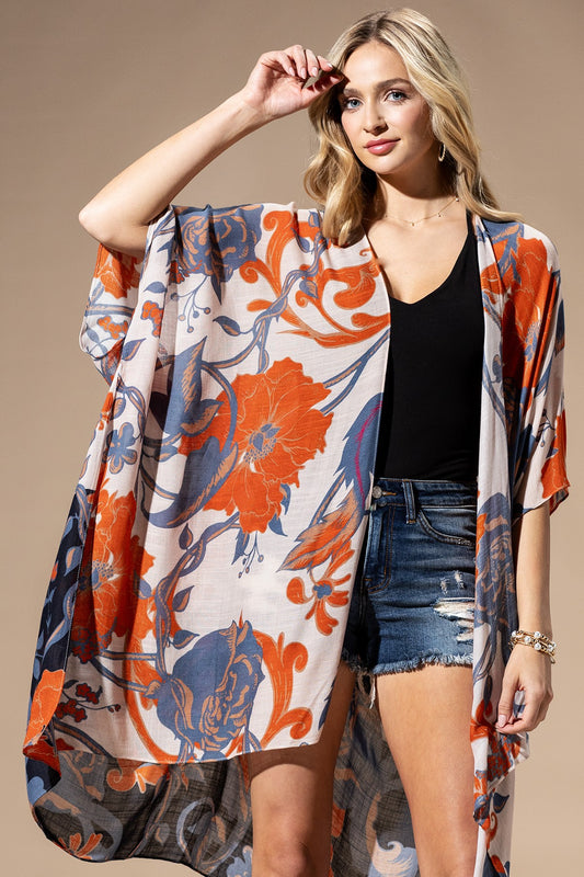 Orange Blue Floral  Kimono
