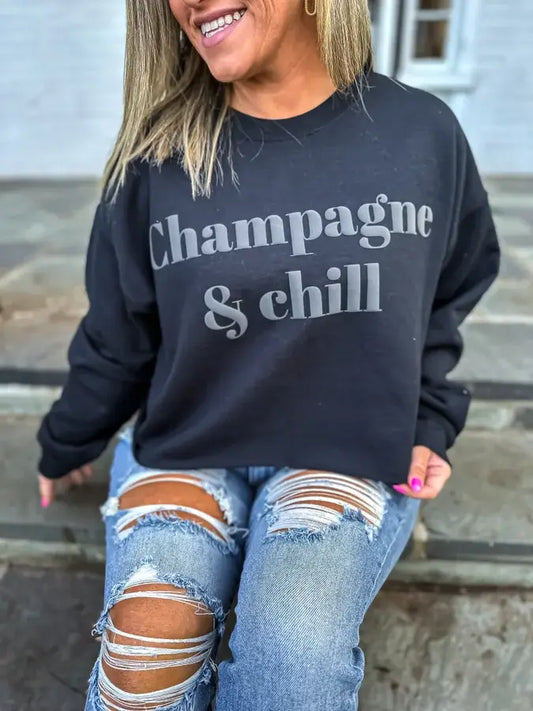 Champagne and Chill Black Puff Sweatshirt