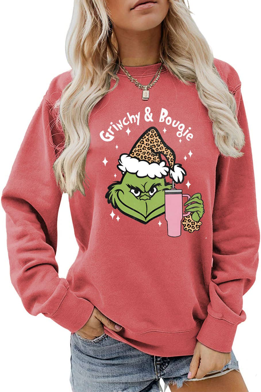 Fun and Cute Holiday Grinch & Bougie Graphic Christmas Sweatshirt