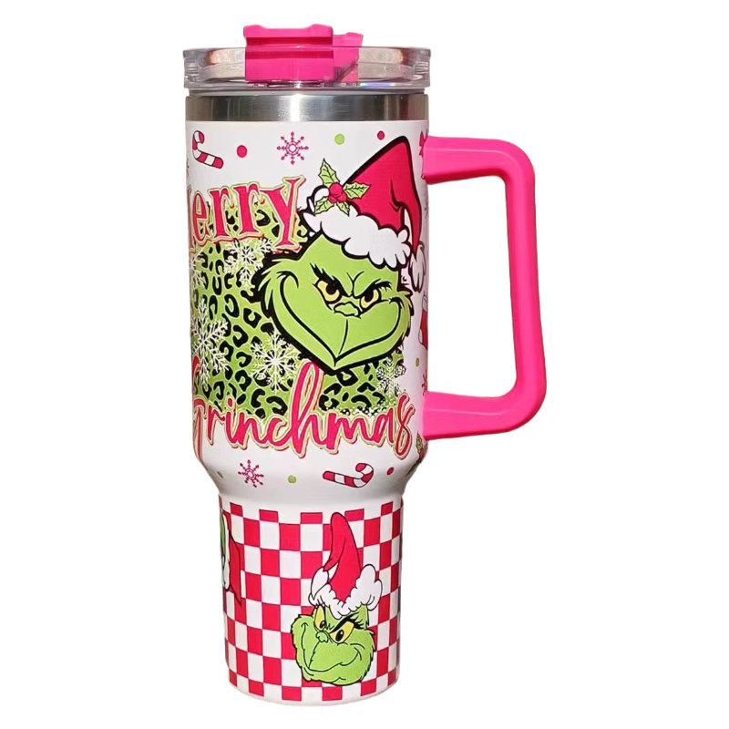 Christmas 2025 Grinch 40oz Insulated Tumbler with Handle and Straw Car Travel Mug, Hot & Cold Stainless Steel Cup