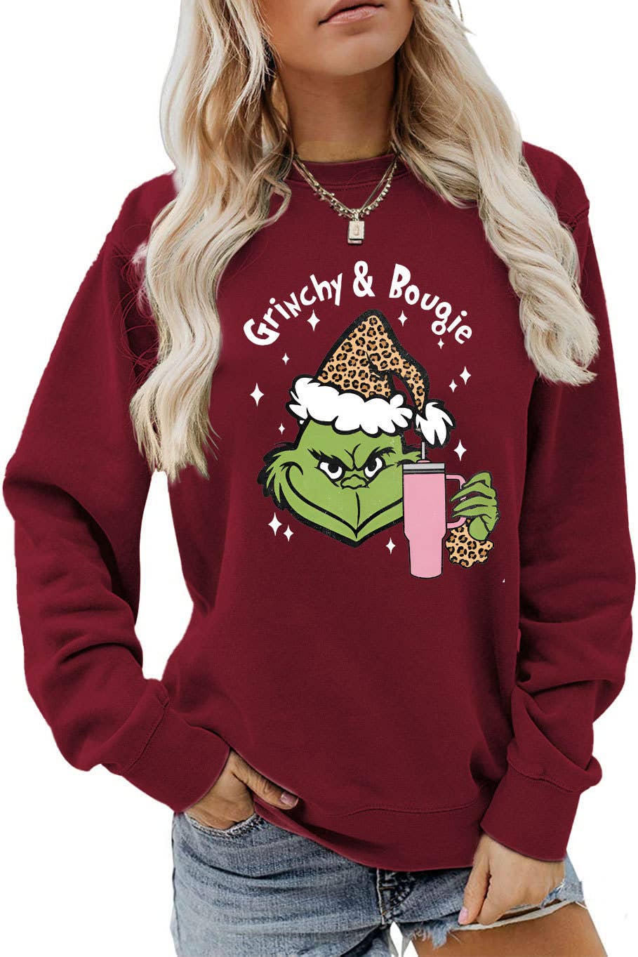 Fun and Cute Holiday Grinch & Bougie Graphic Christmas Sweatshirt