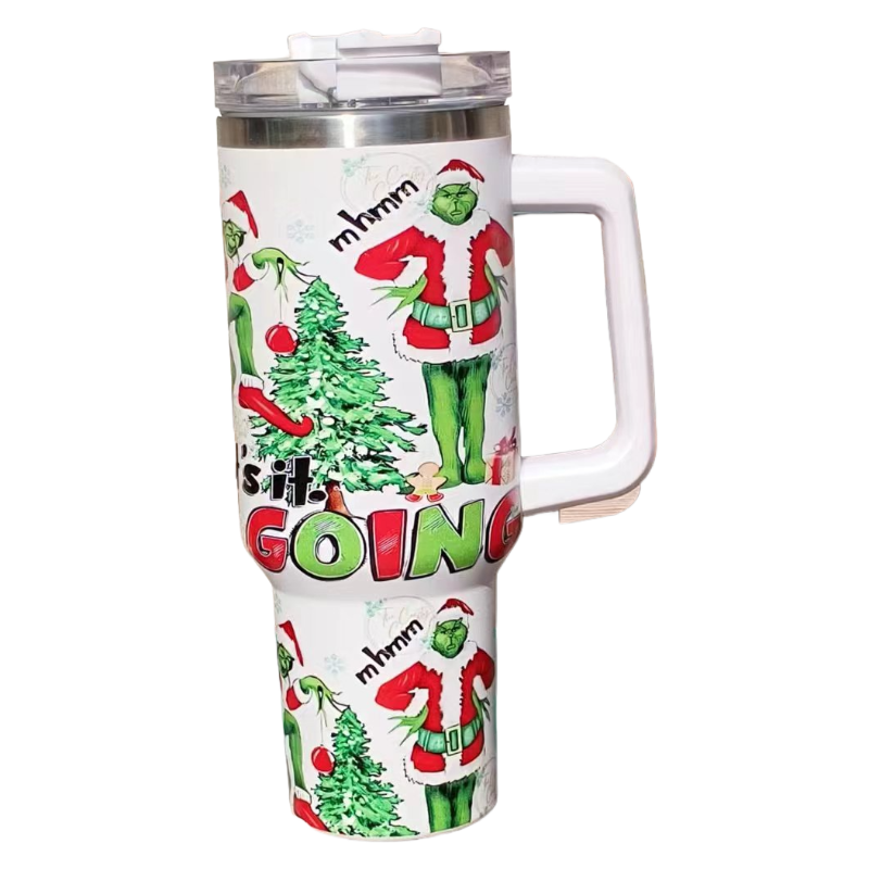 Christmas 2025 Grinch 40oz Insulated Tumbler with Handle and Straw Car Travel Mug, Hot & Cold Stainless Steel Cup