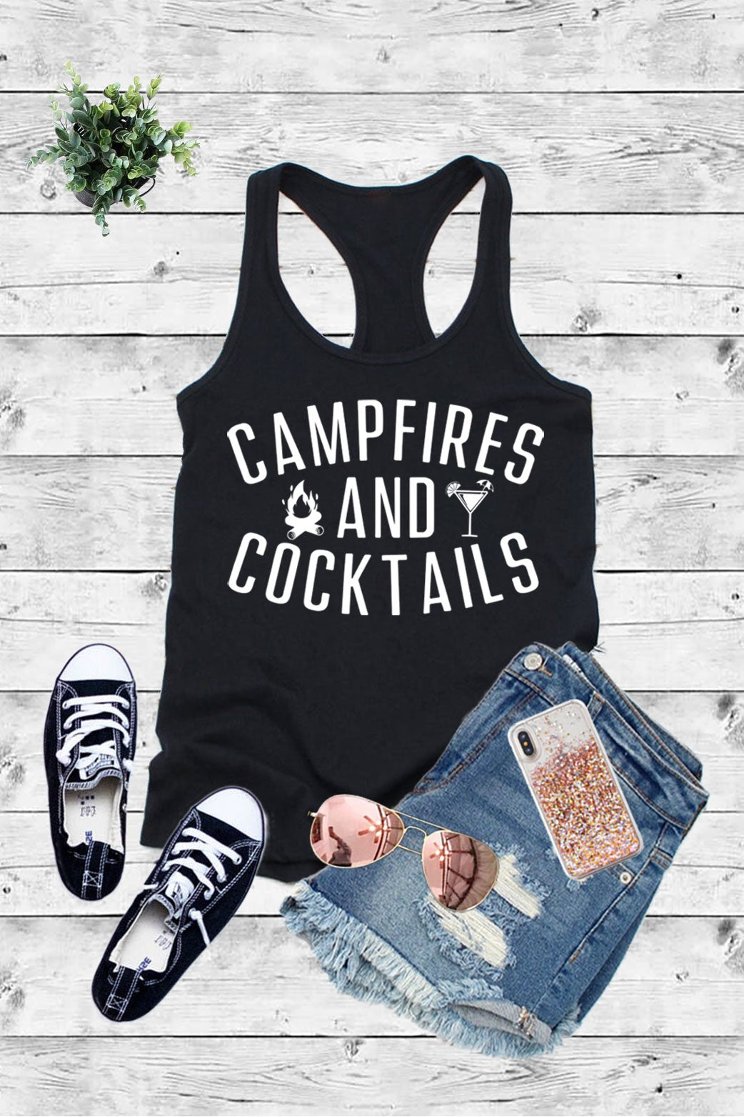 Campfires And Cocktails, Printed Women Fit Fitted Racerback Tank Top