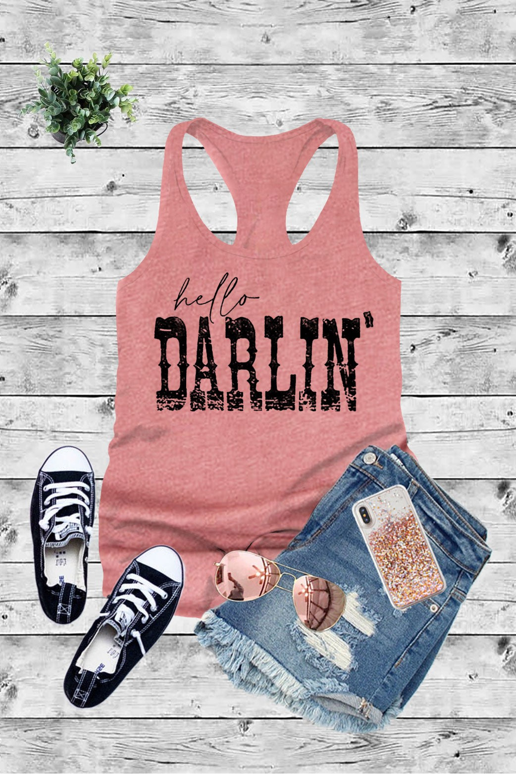 Hello DARLIN' , Graphic Printed Women Fit Fitted Racerback Tank Top