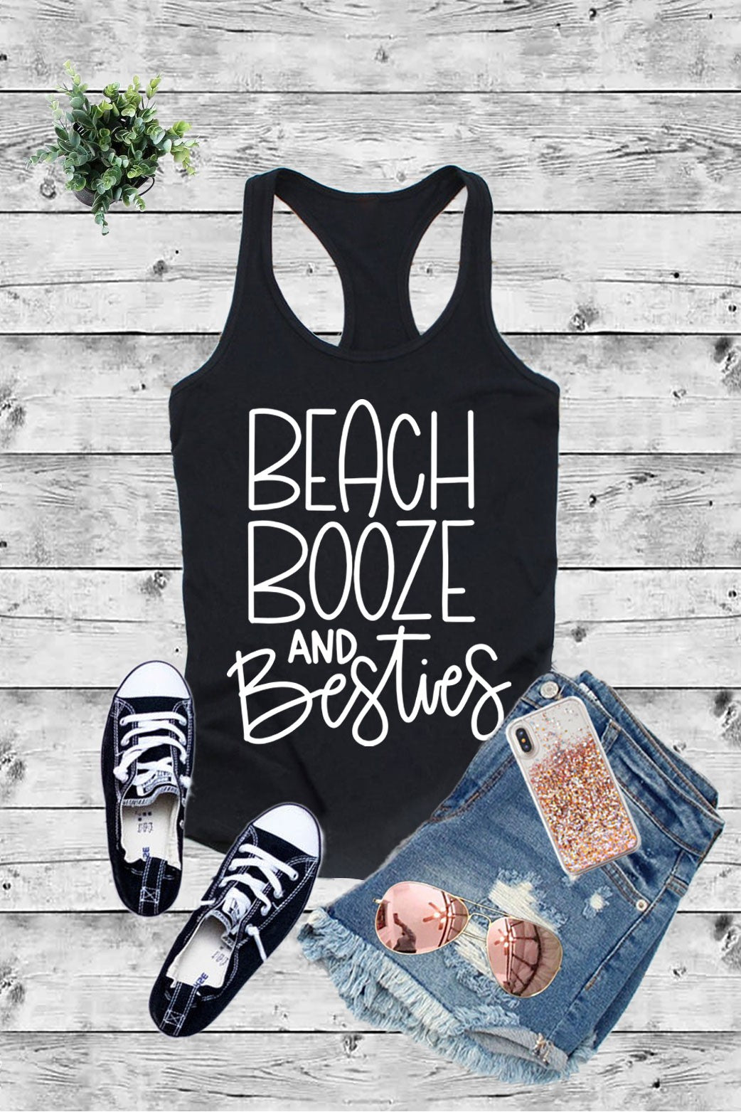 BEACH BOOZE And BESTIES , Printed Women Fit Fitted Racerback Tank Top