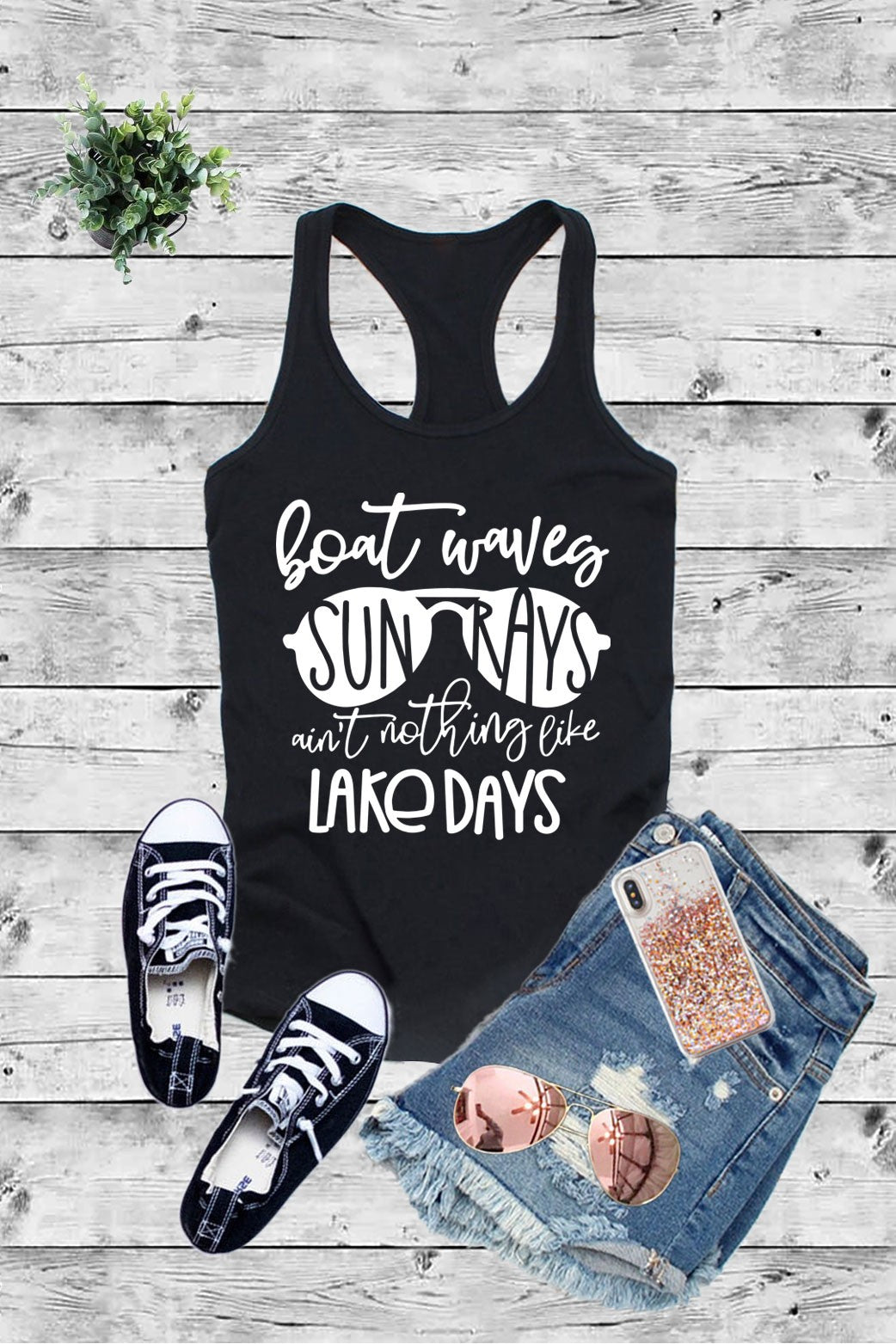 Boat Waves SUN RAYS Ain't Nothing Like LAKE DAYS , Summer , Printed Women Fit Fitted Racerback Tank Top