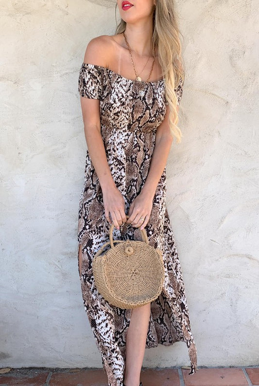 Snake Printed Smocking Off Shoulder Maxi Dress