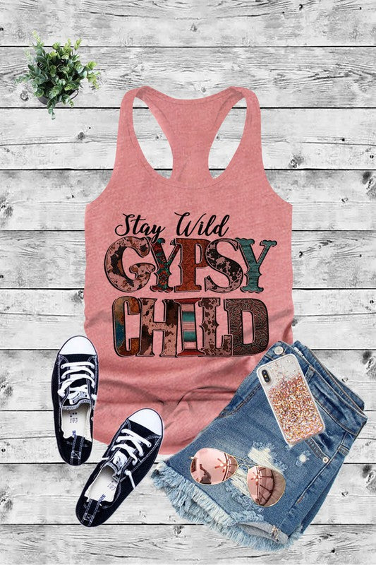 Stay Wild Gypsy Child ,  Graphic Printed Women Fit  Fitted Racerback Tank Top