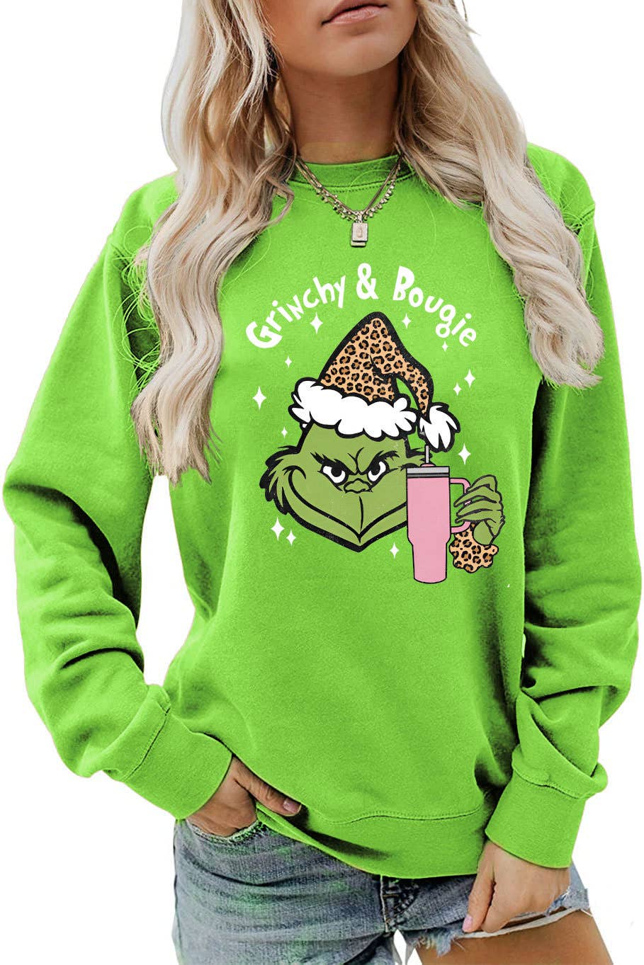 Fun and Cute Holiday Grinch & Bougie Graphic Christmas Sweatshirt