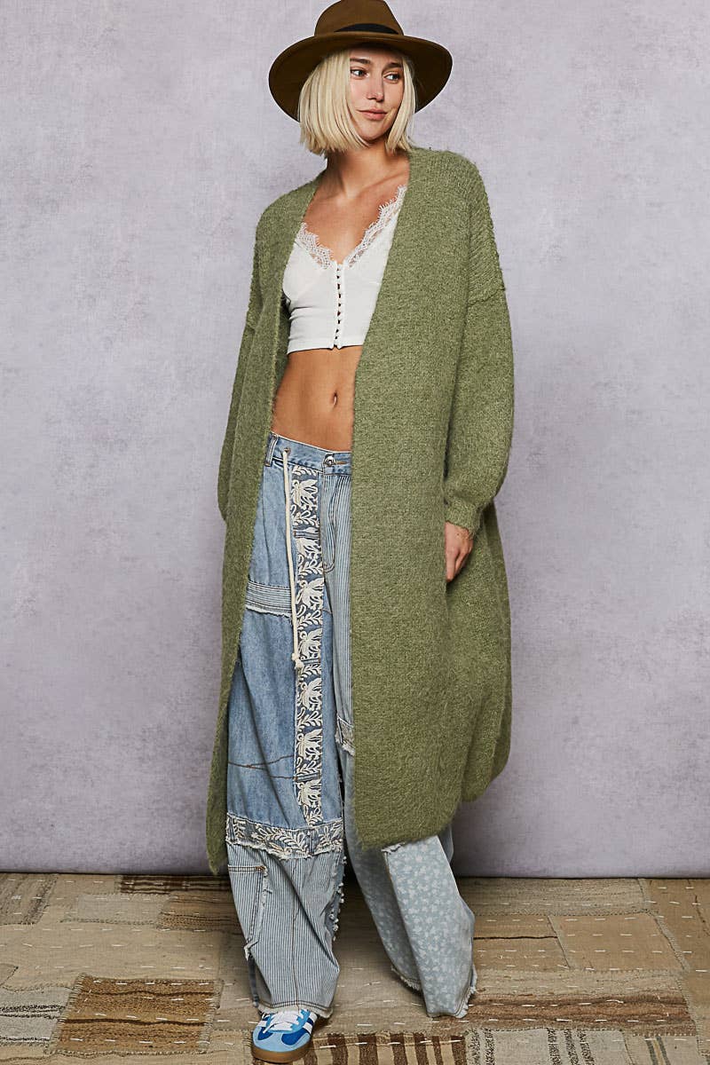 Oversized rolling edge detail open front cardigan sweater