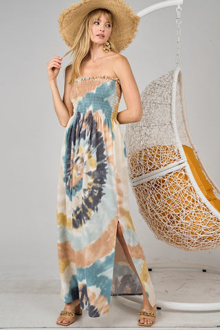 Tie Dye Beachy Strapless Cotton Maxi Dress