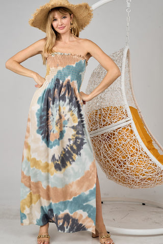 Tie Dye Beachy Strapless Cotton Maxi Dress