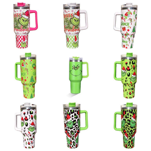 Christmas 2025 Grinch 40oz Insulated Tumbler with Handle and Straw Car Travel Mug, Hot & Cold Stainless Steel Cup