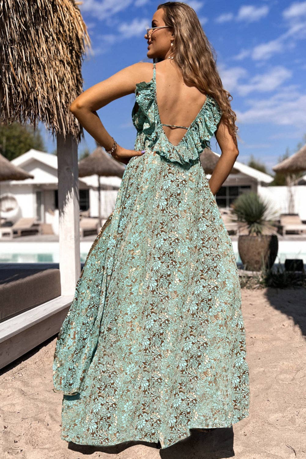 Green Floral Print V Neck Ruffled Trim Backless Tassel Waist Maxi Dres Just G' Clothing Boutique Green Floral Print V Neck Ruffled Trim Backless Tassel Waist Maxi Dres Just G' Clothing Boutique