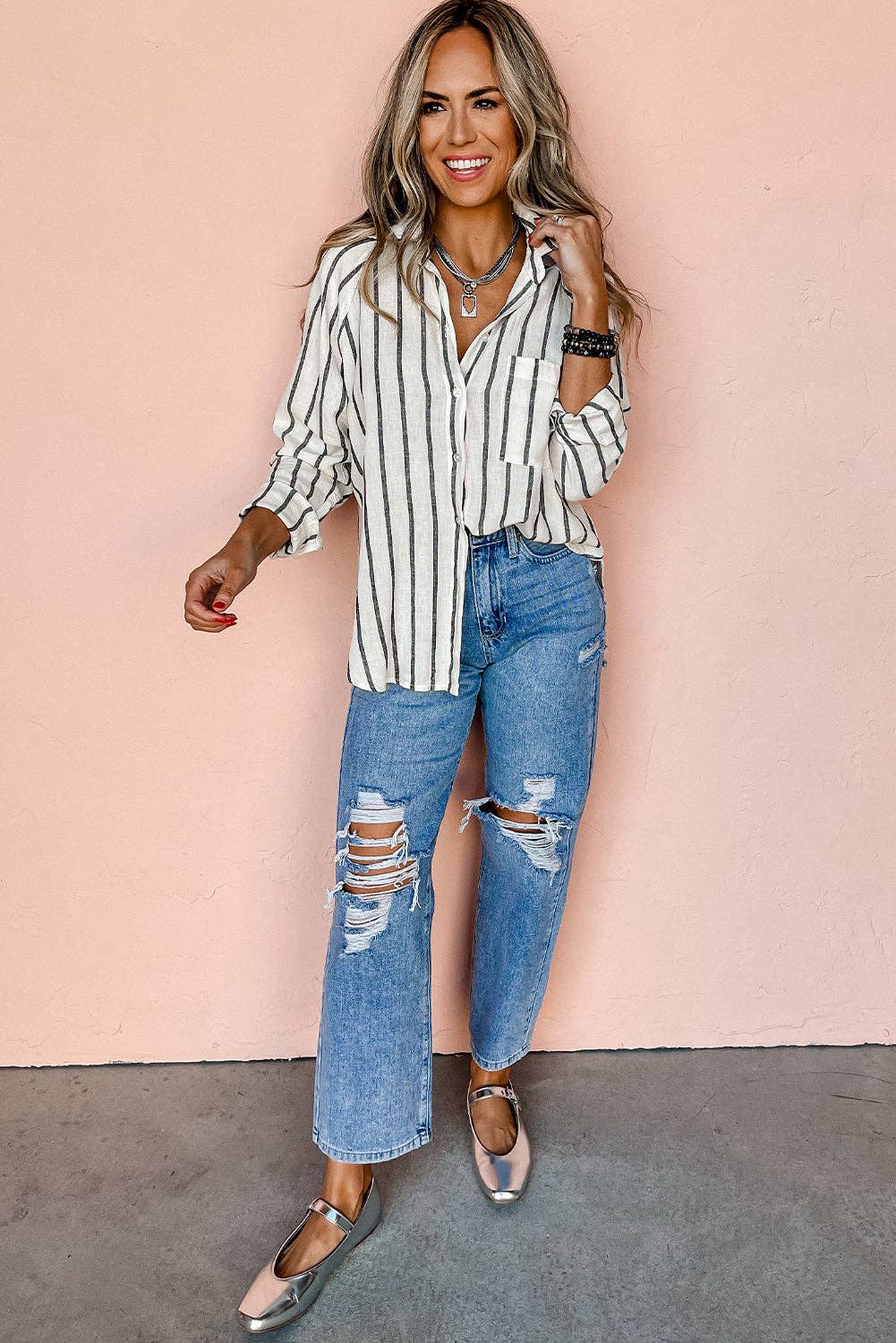 Striped Buttoned Oversized Shirt