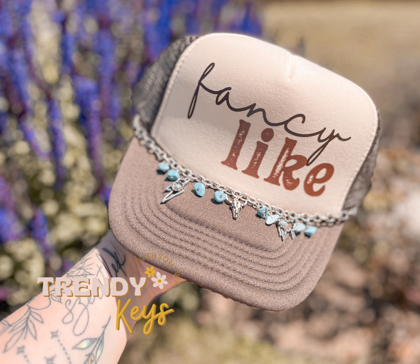So cute!"Fancy Like" Graphic Trucker Hat includes/hat chain