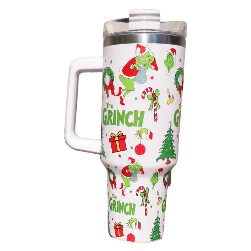 Christmas 2025 Grinch 40oz Insulated Tumbler with Handle and Straw Car Travel Mug, Hot & Cold Stainless Steel Cup