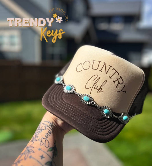 Country Club Graphic Trucker Hat with turquoise chain included