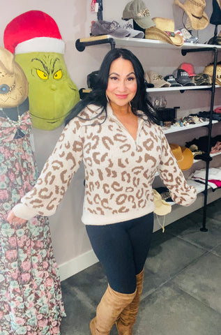 Cream Animal Print Super Soft Fleece Half Zip Sweater