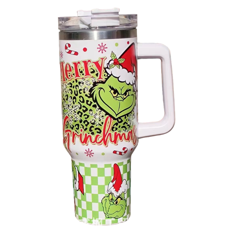 Christmas 2025 Grinch 40oz Insulated Tumbler with Handle and Straw Car Travel Mug, Hot & Cold Stainless Steel Cup